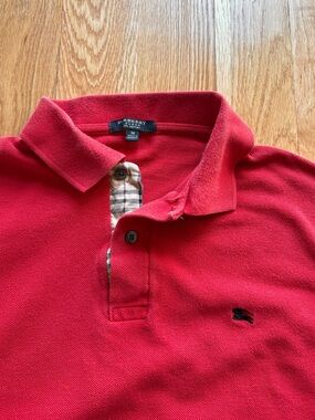 Burberry London Nova Check Golf S/S Polo Shirt Red Cotton Made in England Medium